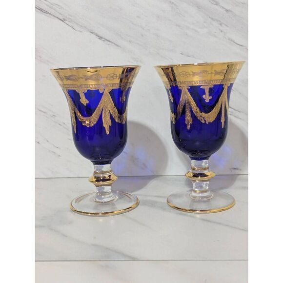 Interglass Italy Cobalt Blue Crystal 24K Gold Wine Goblet - Picture 1 of 8